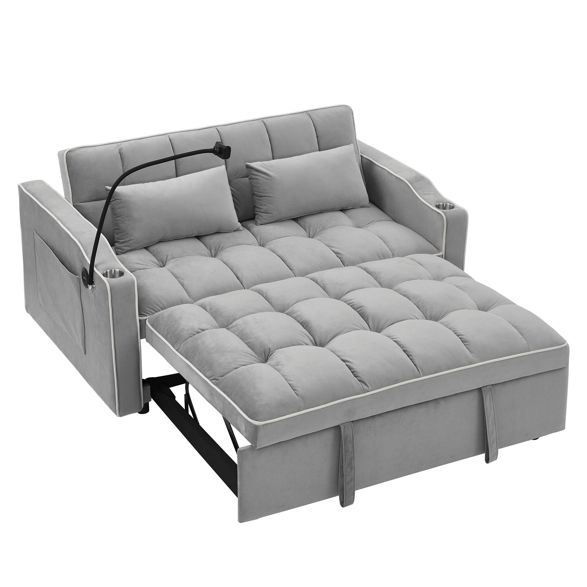 55.51 inch versatile foldable sofa bed in 3 lengths, modern sofa sofa sofa velvet pull-out bed, adjustable back and with USB port and ashtray and swivel phone stand (Grey) - Grand Goldman Shop