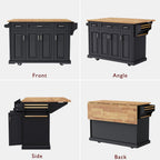 K&K 54inch Large Kitchen Island with Rubber Wood Drop Leaf, Embossed Texture Rolling Kitchen Cart on 4 Wheels with 4 Doors and 3 Drawers, Kitchen Island with Storage for Kitchen, Dining Room,Black - Grand Goldman Shop