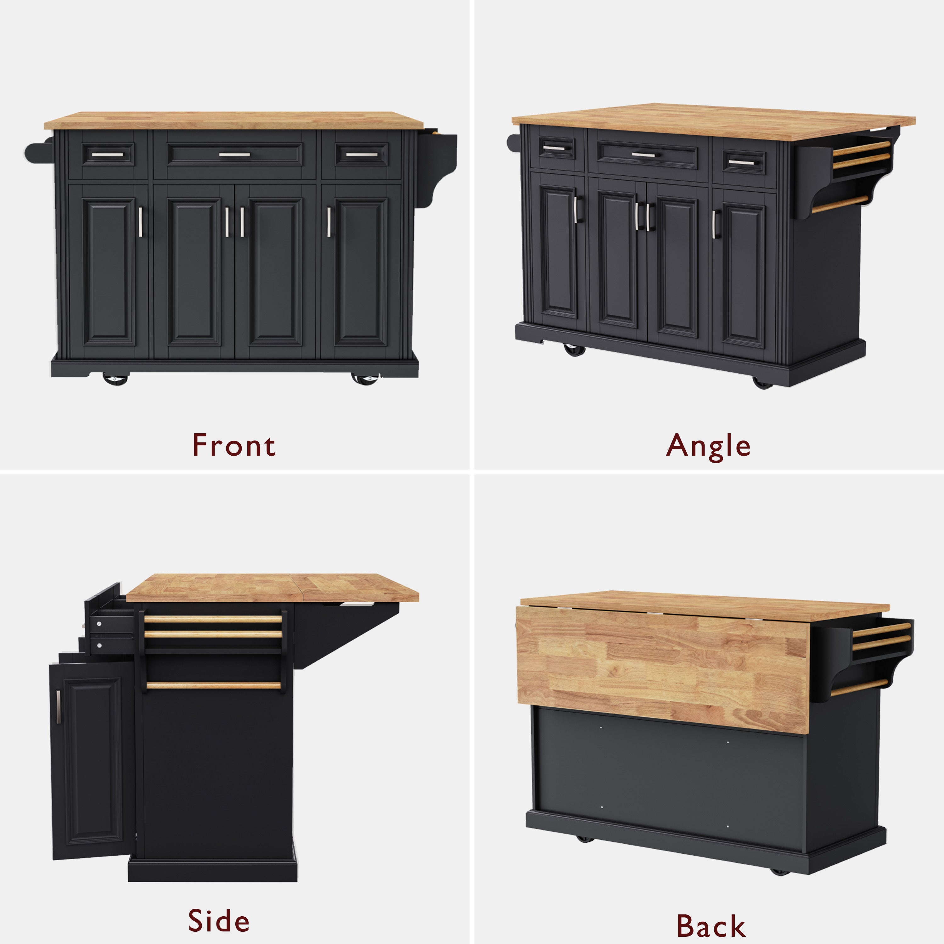 K&K 54inch Large Kitchen Island with Rubber Wood Drop Leaf, Embossed Texture Rolling Kitchen Cart on 4 Wheels with 4 Doors and 3 Drawers, Kitchen Island with Storage for Kitchen, Dining Room,Black - Grand Goldman Shop
