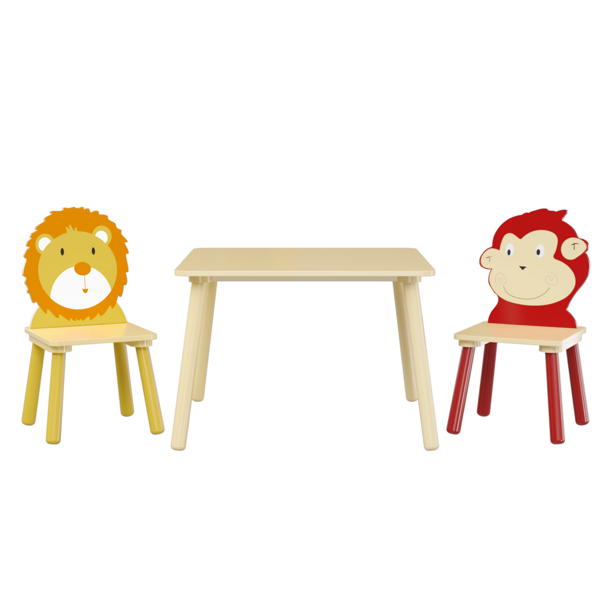 Lion & Monkey Wooden Activity Play Table Set for Kids, 3-Piece Toddler Table and Chair Set in Yellow & Red, Solid Wood & MDF,