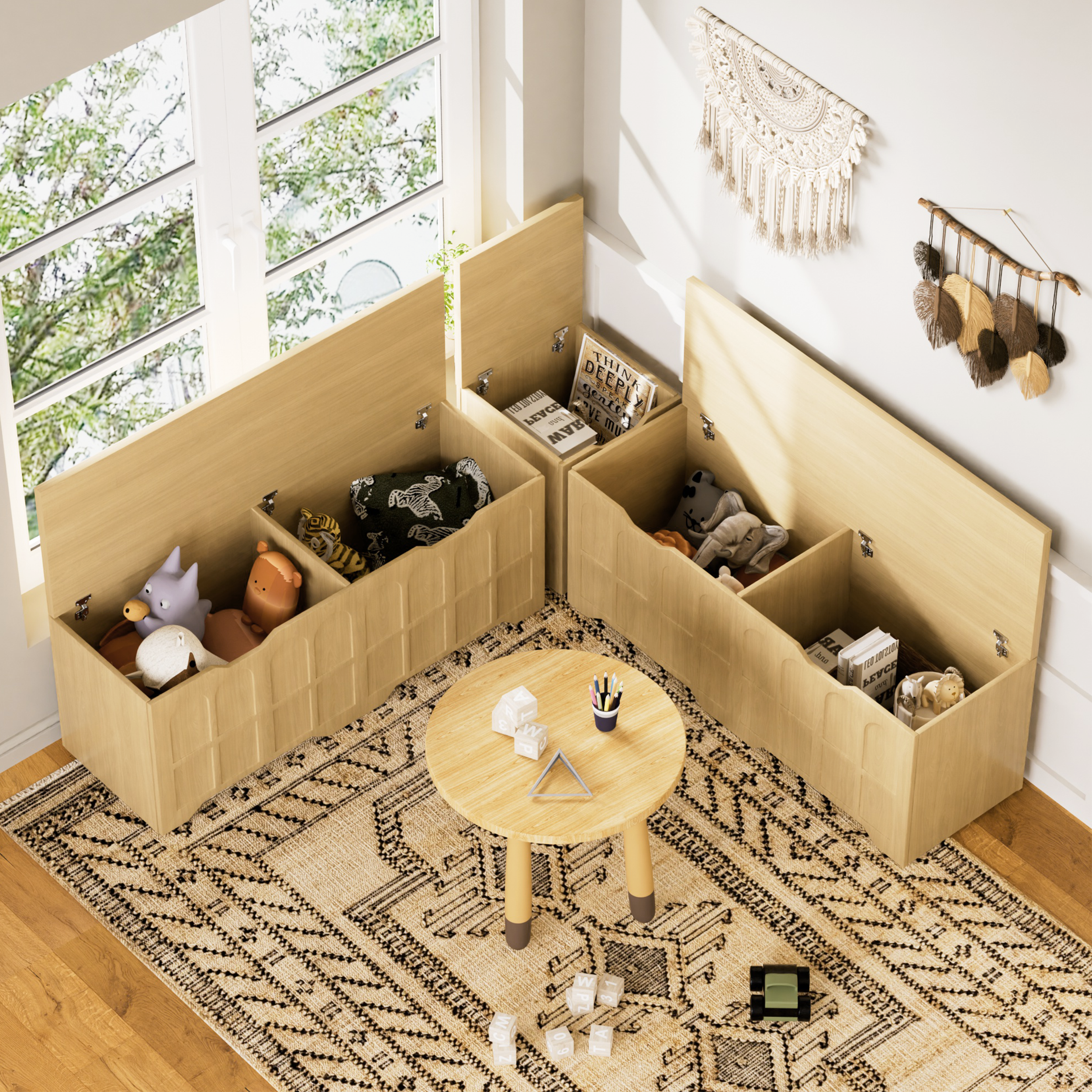 3-Piece L-shaped multifunctional storage bench with padded shoe bench, serves as a kitchen corner stool, toy storage box, or reading nook seat, natural color, 63'D x 63'W x 19.1'H - Grand Goldman Shop