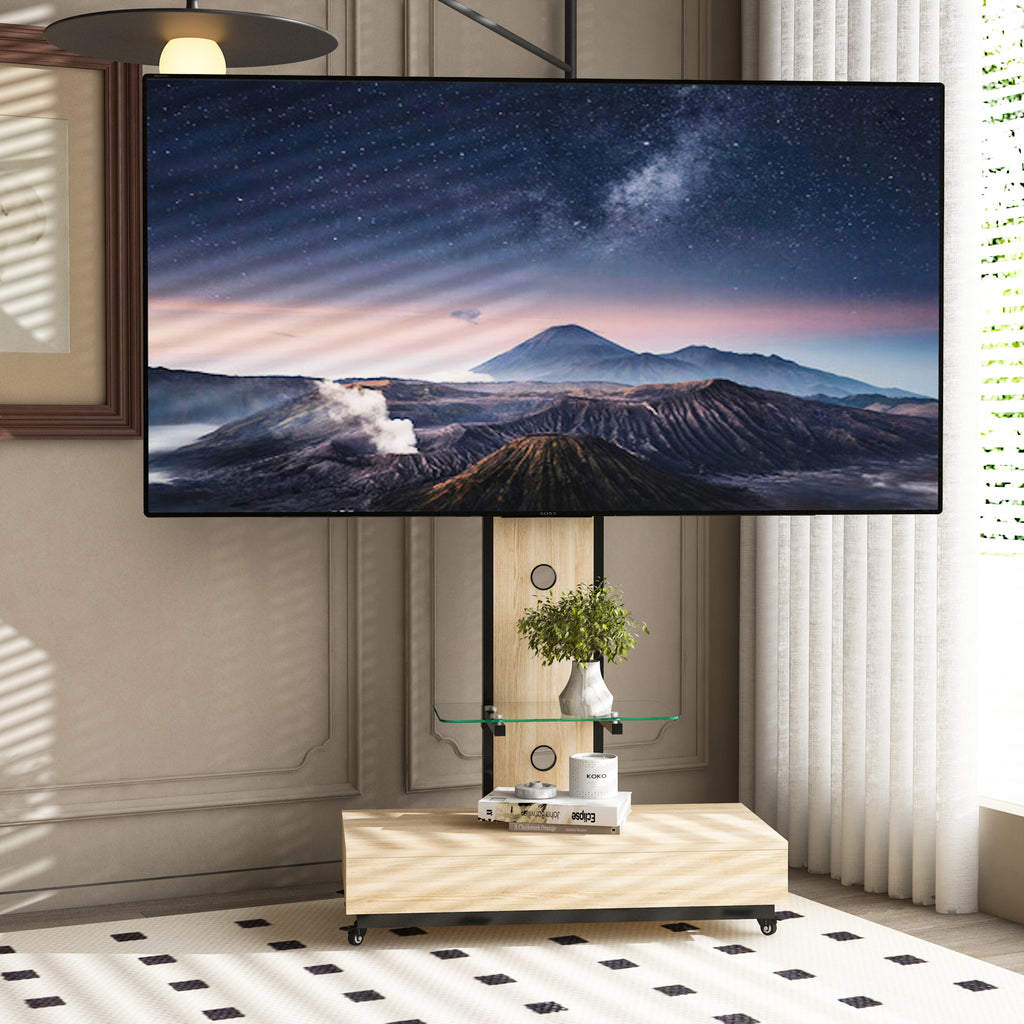 Mobile TV Cart with Push-Pull Drawer for 32-75 Inch TVs, Natural Wood & Glass Stand with Lockable Wheels - Grand Goldman Shop