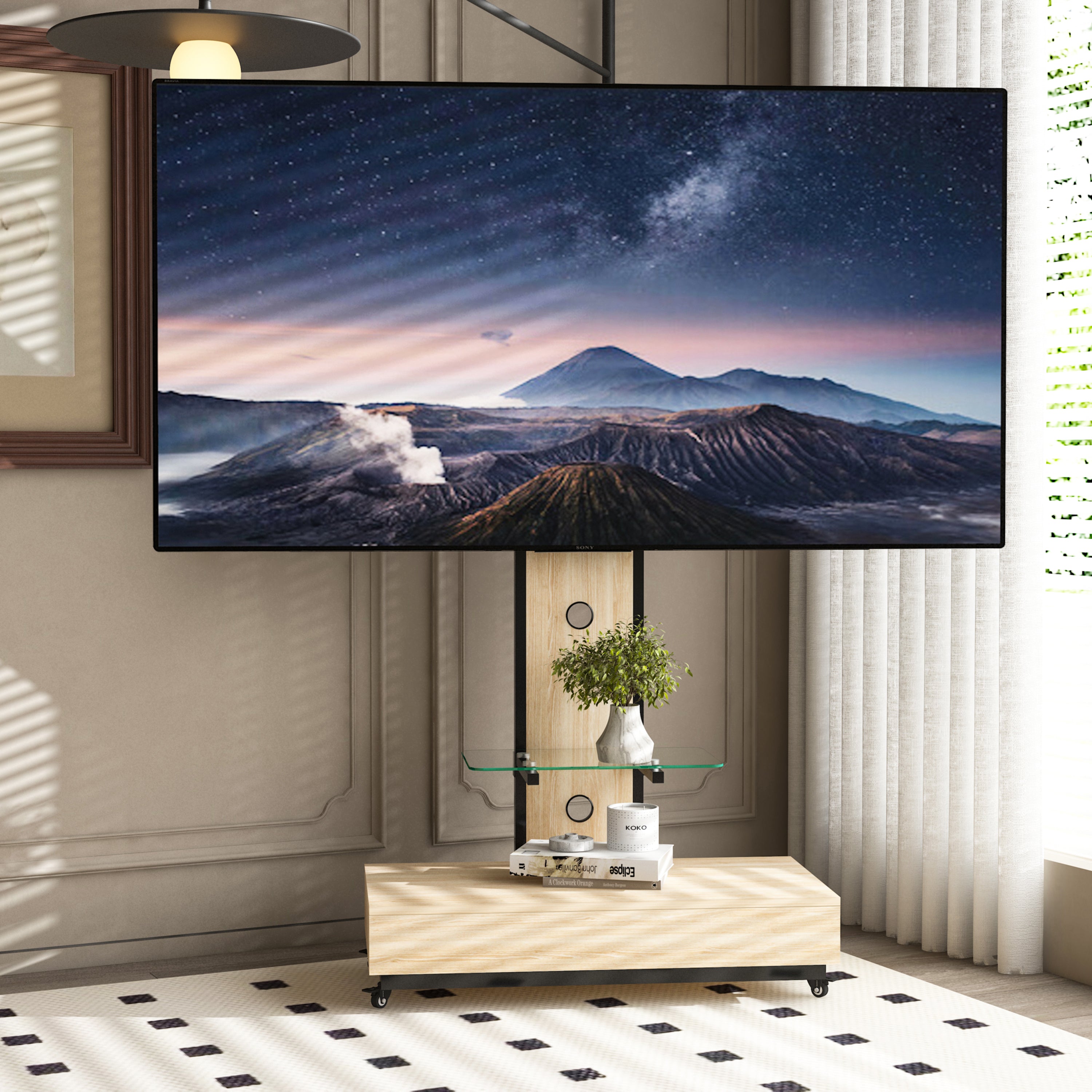 Mobile TV Cart with Push-Pull Drawer for 32-75 Inch TVs, Natural Wood & Glass Stand with Lockable Wheels - Grand Goldman Shop