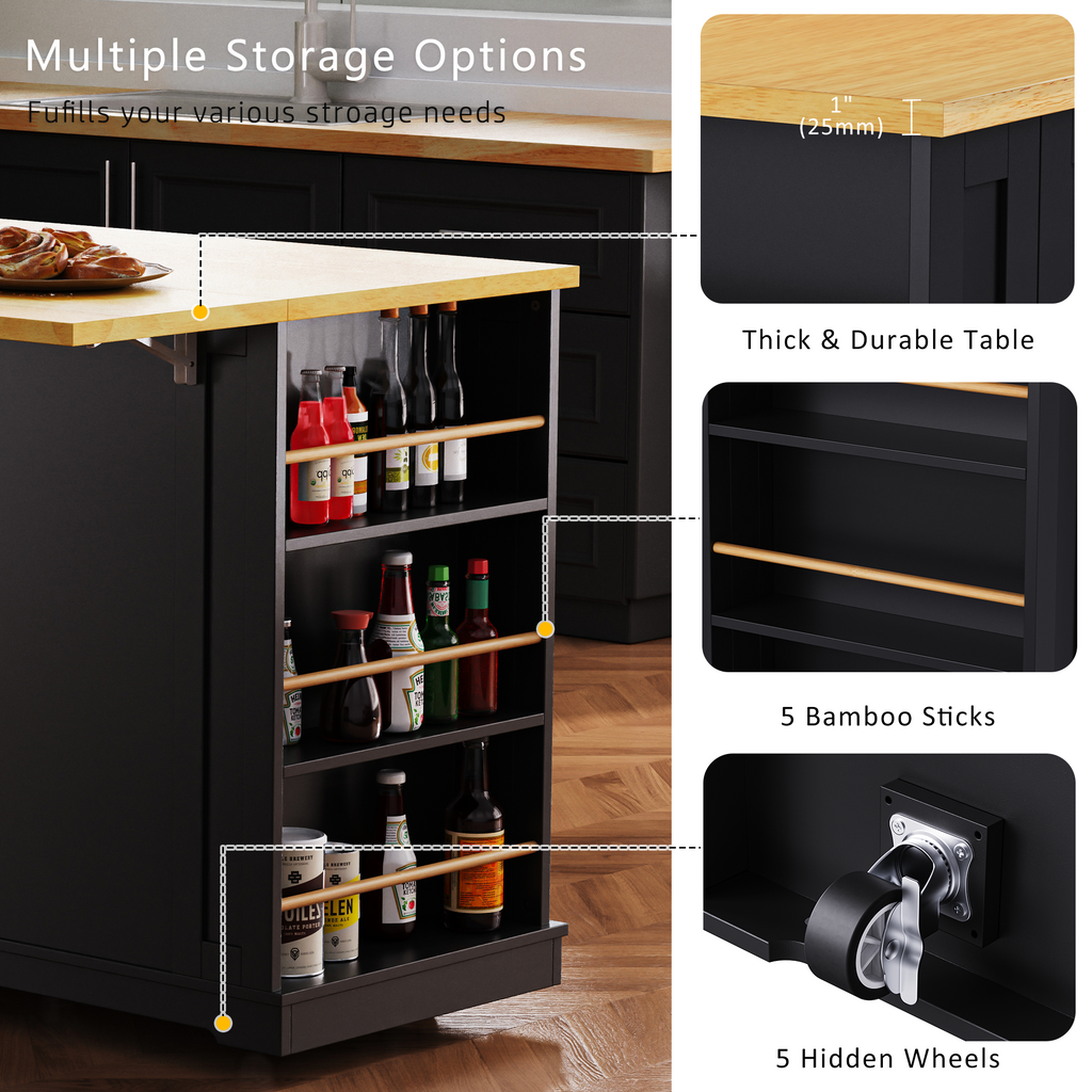 K&K 53inch Large Kitchen Island with 2 Bar Stools, Power Outlet,Door Internal Storage Rack, Kitchen Storage Cart on 5 Wheels with Drop Leaf, 5 Open Side Racks, 3 Drawers,Black (Three Packages) - Grand Goldman Shop