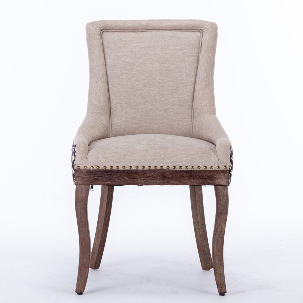A&A Furniture, Ultra Side Dining Chair, Thickened fabric chairs with neutrally toned solid wood legs, Bronze nail head, Set of 2, Beige and Patterned,SW2207BG - Grand Goldman Shop
