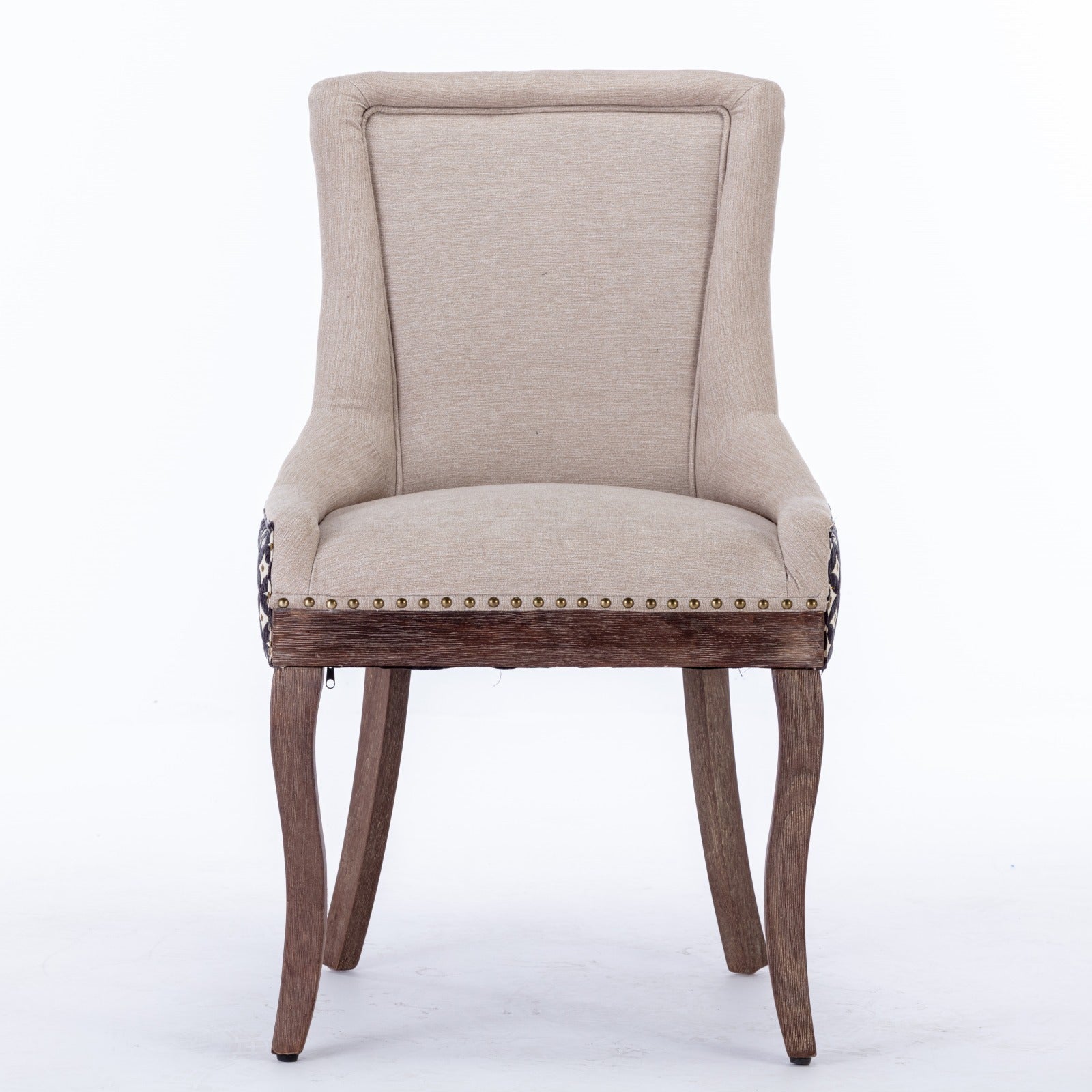 A&A Furniture, Ultra Side Dining Chair, Thickened fabric chairs with neutrally toned solid wood legs, Bronze nail head, Set of 2, Beige and Patterned,SW2207BG - Grand Goldman Shop