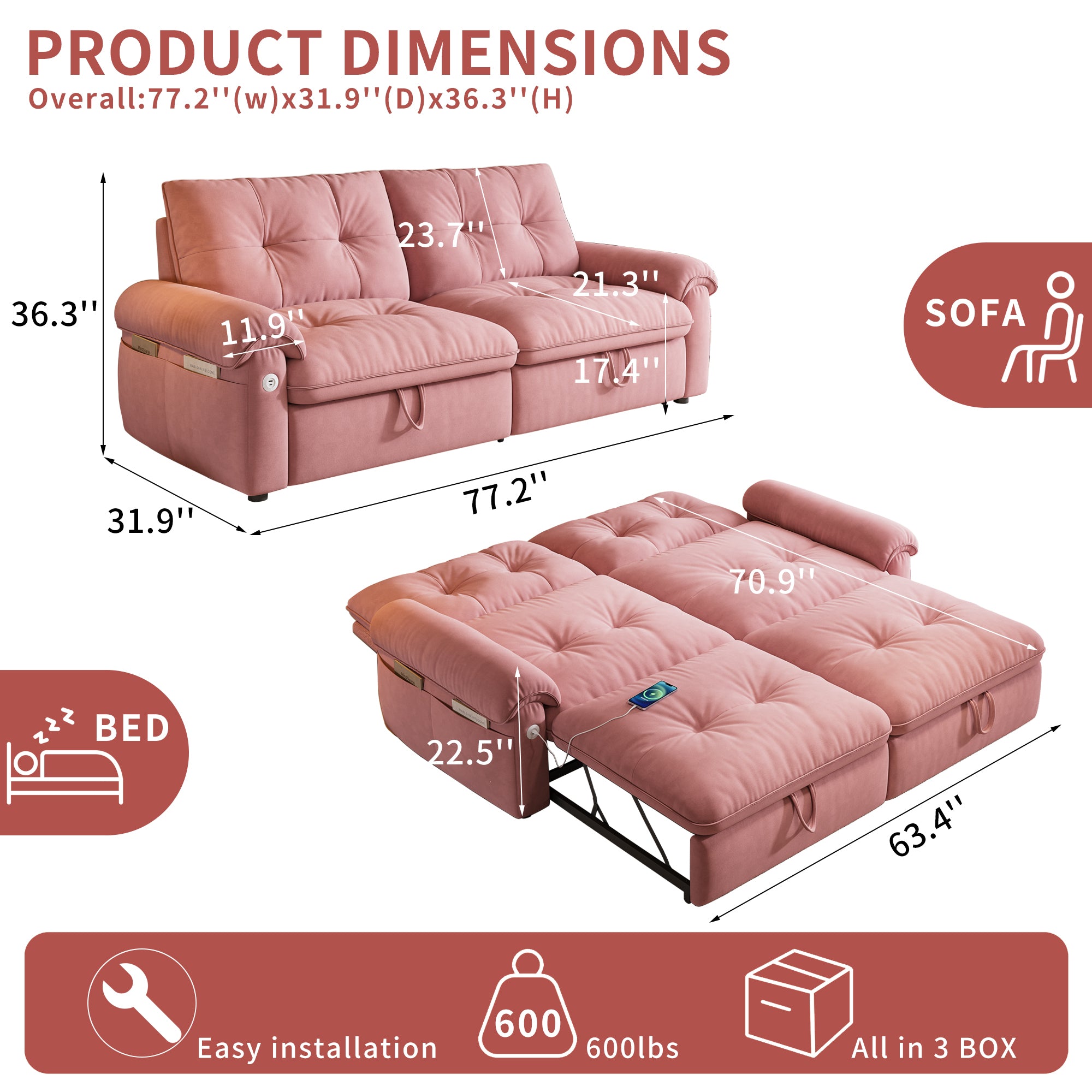W3820S00026, a 77-inch convertible sofa bed, and a 2-in-1 piece suitable for both sitting and lying. Made of cloud-like fabric, it is applicable to living rooms, bedrooms and apart - Grand Goldman Shop