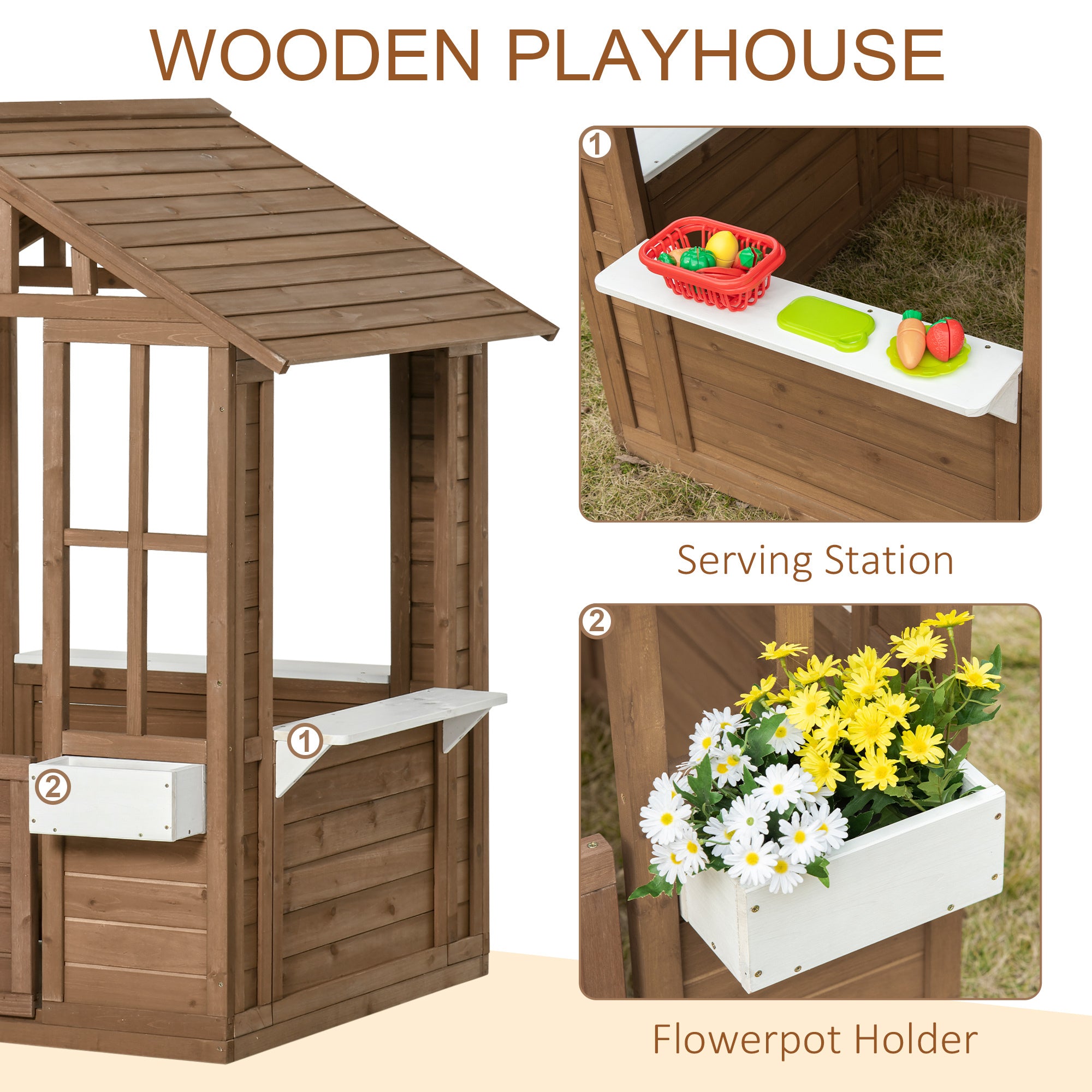 Outsunny Kids Wooden Playhouse, Outdoor Garden Games Cottage, with Working Door, Windows, Flowers Pot Holder, 47' x 38' x 54'