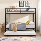 Modern Twin Over Twin Metal Bunk Bed with Trundle Black Durable Space-Saving Design - Grand Goldman Shop