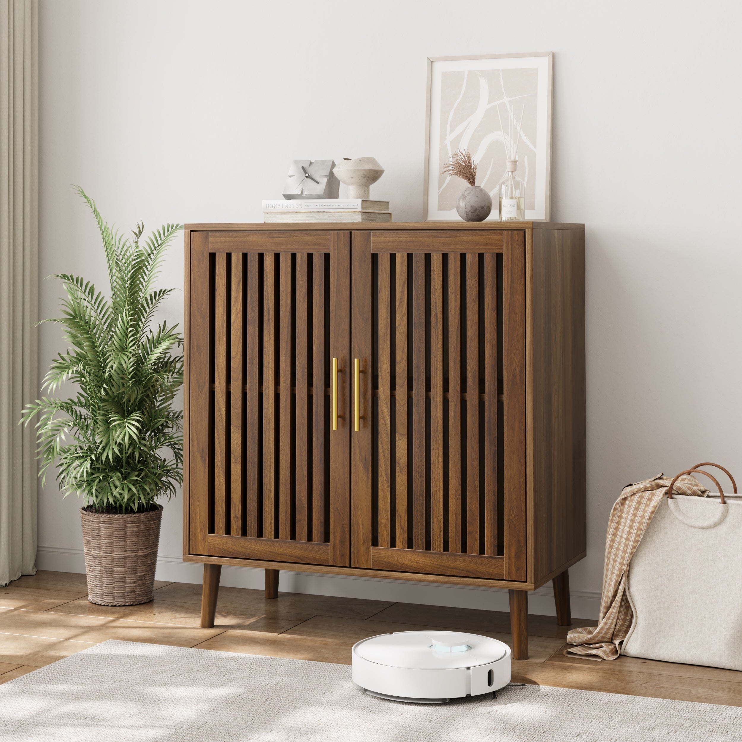Farmhouse Walnut Sideboard Buffet Cabinet With Louvered Doors, Wood Coffee Bar Storage For Kitchen & Living Room, 31.5' W - Grand Goldman Shop