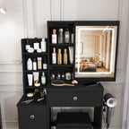 Modern Vanity Desk with 3 LED Lighting Modes, 4 Drawers, Open Shelves, Hair Dryer Holder & Power Socket, Black MDF Dressing Table Set with Chair - Grand Goldman Shop