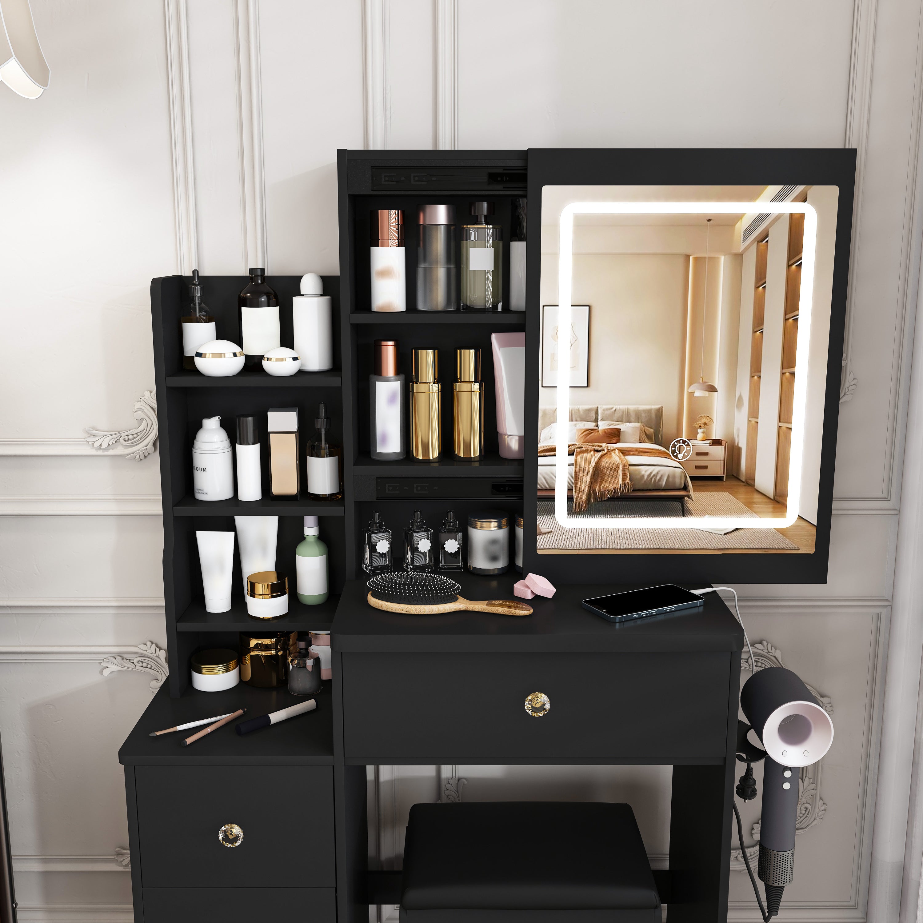 Modern Vanity Desk with 3 LED Lighting Modes, 4 Drawers, Open Shelves, Hair Dryer Holder & Power Socket, Black MDF Dressing Table Set with Chair - Grand Goldman Shop