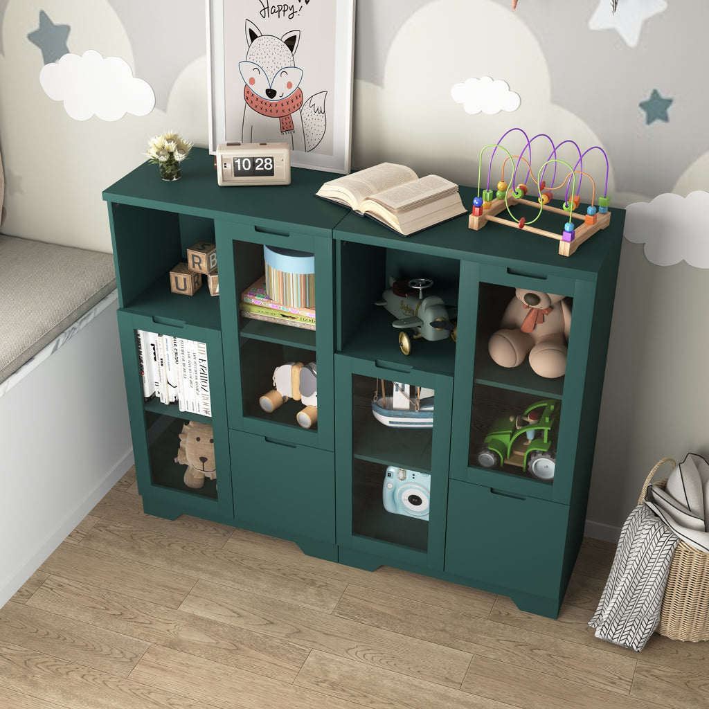 Modern MDF Painted Cabinet with Glass Doors and Drawer, Green, Bedroom Living Room Storage - Grand Goldman Shop