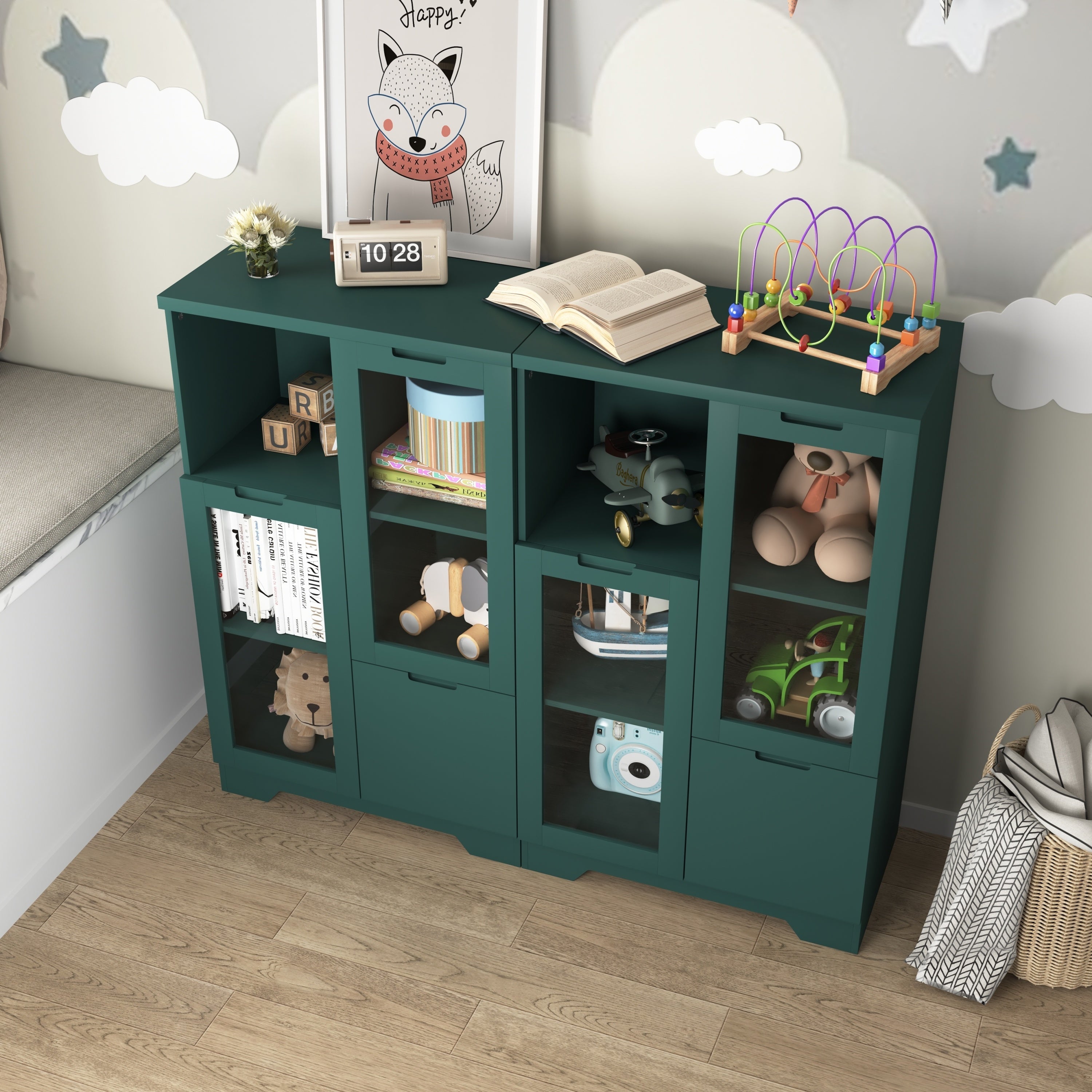 Modern MDF Painted Cabinet with Glass Doors and Drawer, Green, Bedroom Living Room Storage - Grand Goldman Shop