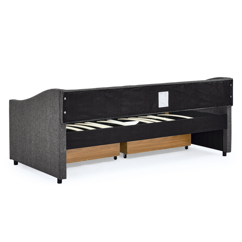 Twin Size Daybed with Drawers Upholstered Tufted Sofa Bed in Dark Grey Linen, Button Back and Copper Nail Trimmed Waved Arms, 81.5''x41''x30.5'' - Grand Goldman Shop