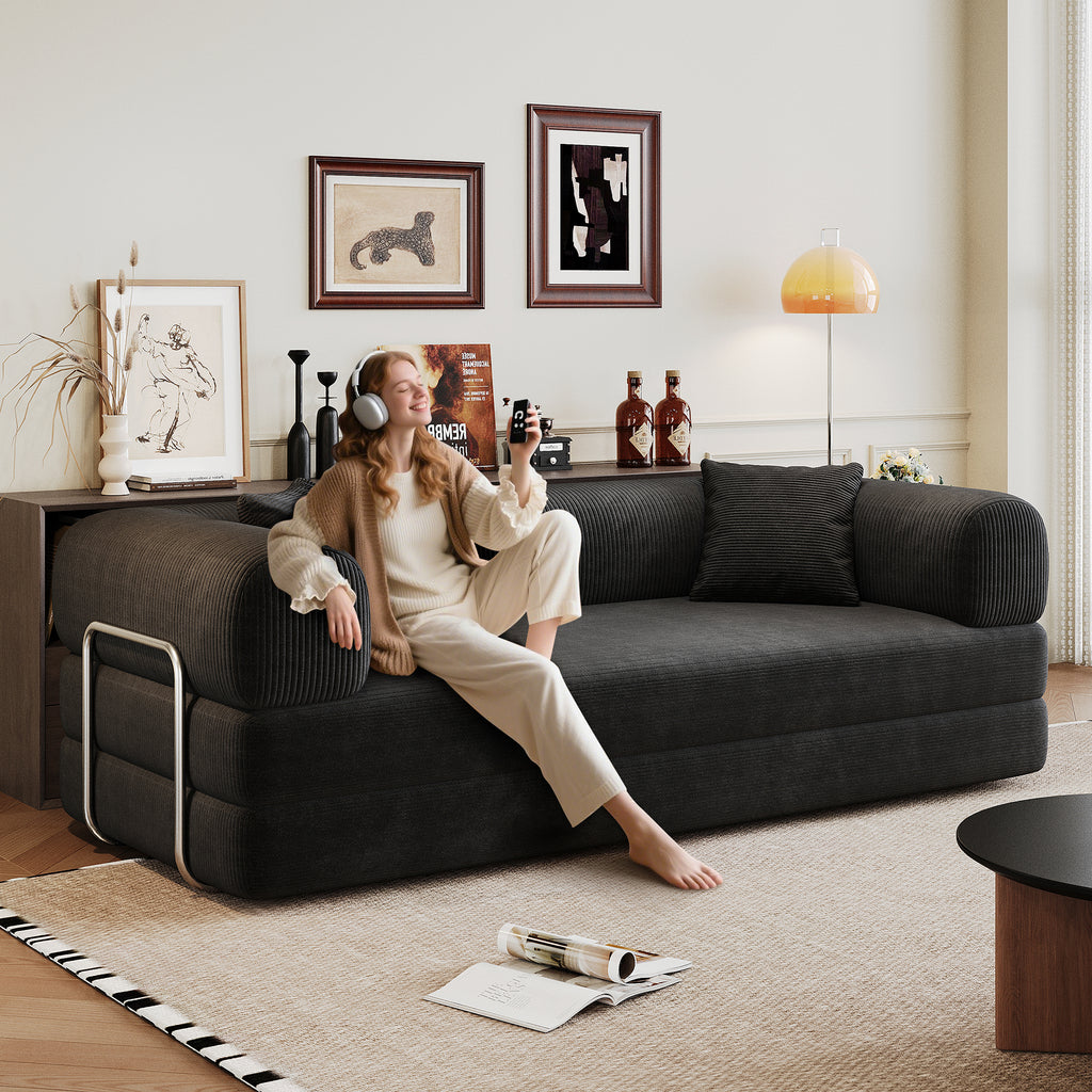 78.8' Compression Sofa,Convertible Floor Sofa Bed-with Pillow Back Support Armrest,Comfy Futon Couch Sleeper Bed,Loveseats Boneless Modular Sectional Sofa,Corduroy fabric,for Living Room,Bedroom,Black - Grand Goldman Shop