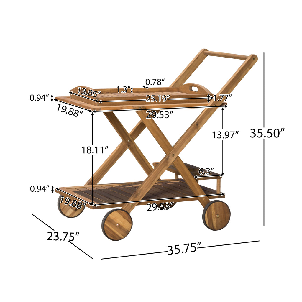 RIVIERA BAR CART Natural Stained Acacia Wood Mobile Bar Cart with Wheels for Entertaining - Grand Goldman Shop