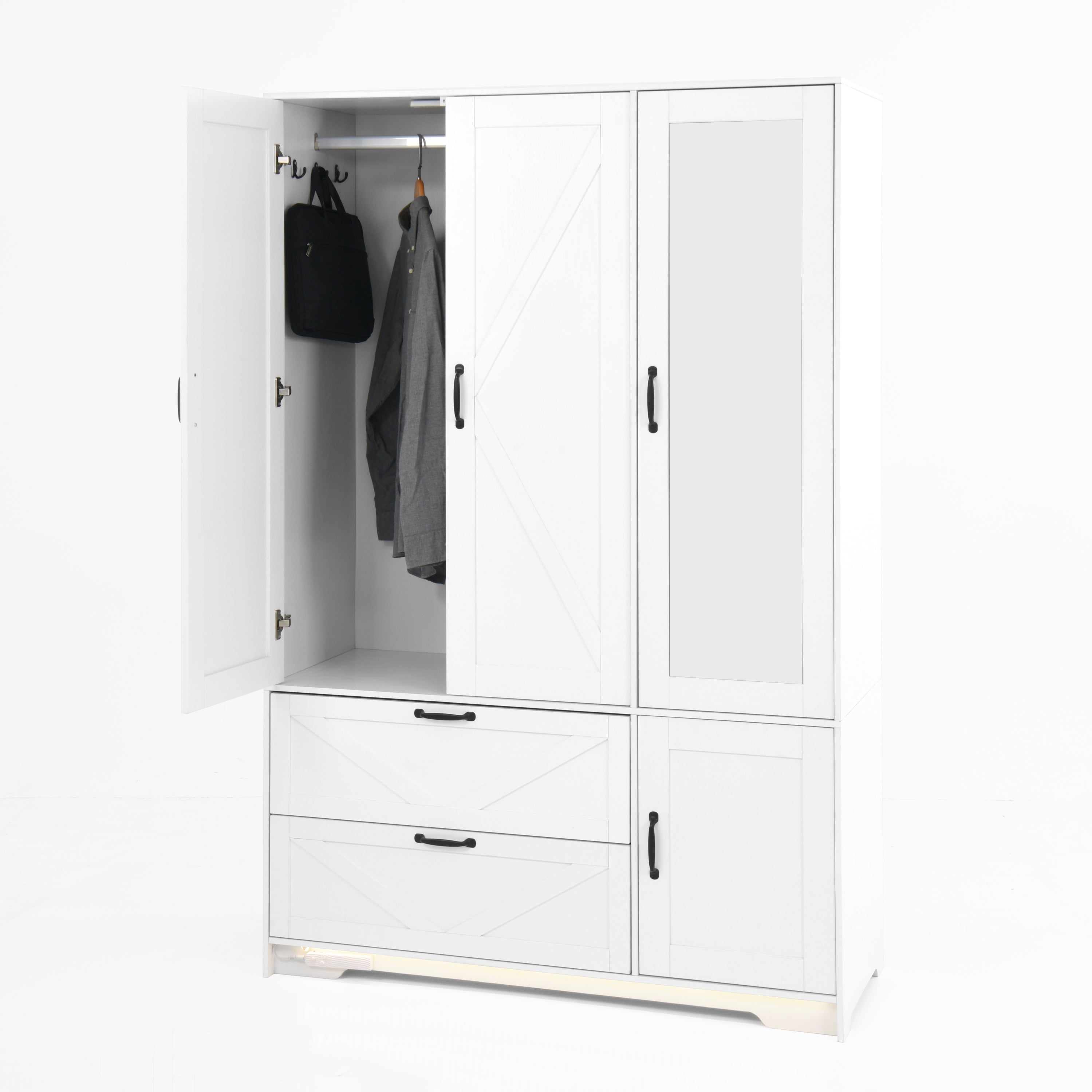 4 Doors Wardrobe Closet with Mirror, LED Wardrobe with Doors and 2 Drawers, Wooden Wardrobe Storage Cabinet with Hanging Rod, Adjustable Shelves, White - Grand Goldman Shop