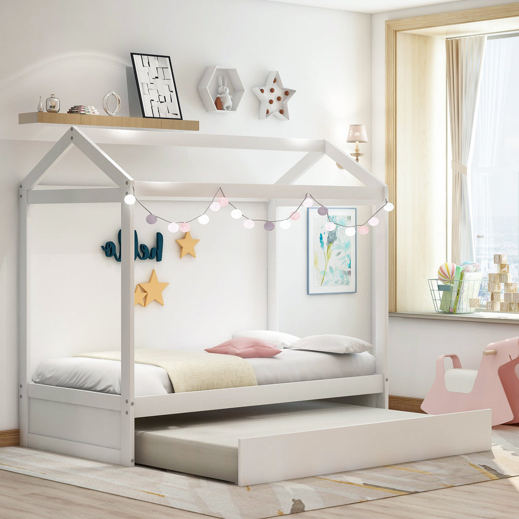 House Bed with Trundle in White, Pine Wood and MDF, Twin Size, Pre-Drilled Holes for Easy Assembly - Grand Goldman Shop