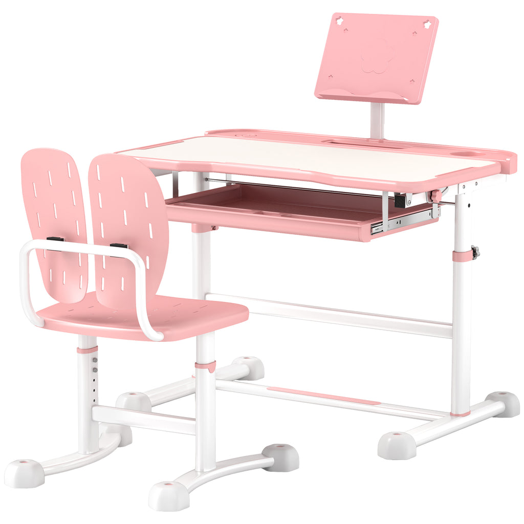 Qaba Kids Desk and Chair Set, Height Adjustable Kids School Study Desk and Chair Set with Tilt Desktop, Storage Drawer & Book