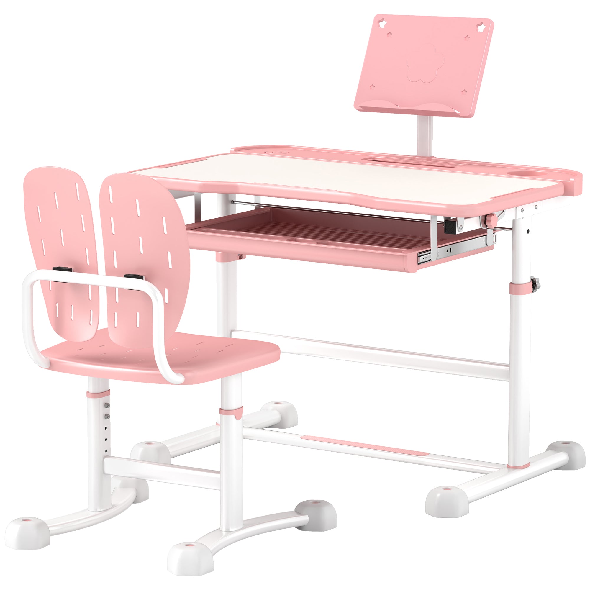 Qaba Kids Desk and Chair Set, Height Adjustable Kids School Study Desk and Chair Set with Tilt Desktop, Storage Drawer & Book