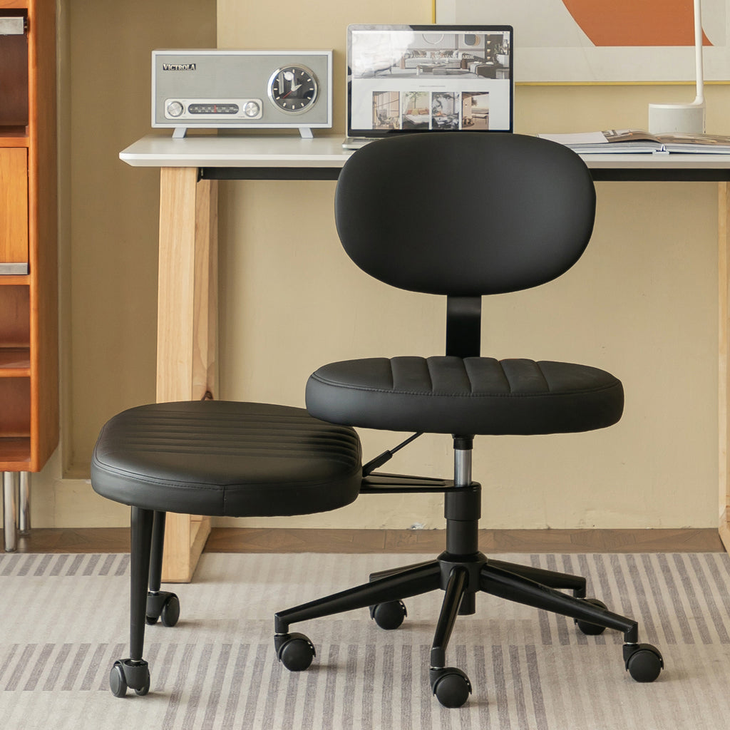 Ergonomic Cross-Legged Office Chair for Adults with Back Support, Black Faux Fur Swivel Desk Chair with Rolling Base and Adju