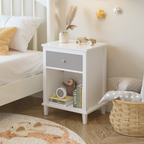 Gray+Silver Handle Wooden Nightstand 26.77''H with One Drawer One Shelf for Kids and Adults, White+Gray Finish MDF - Grand Goldman Shop