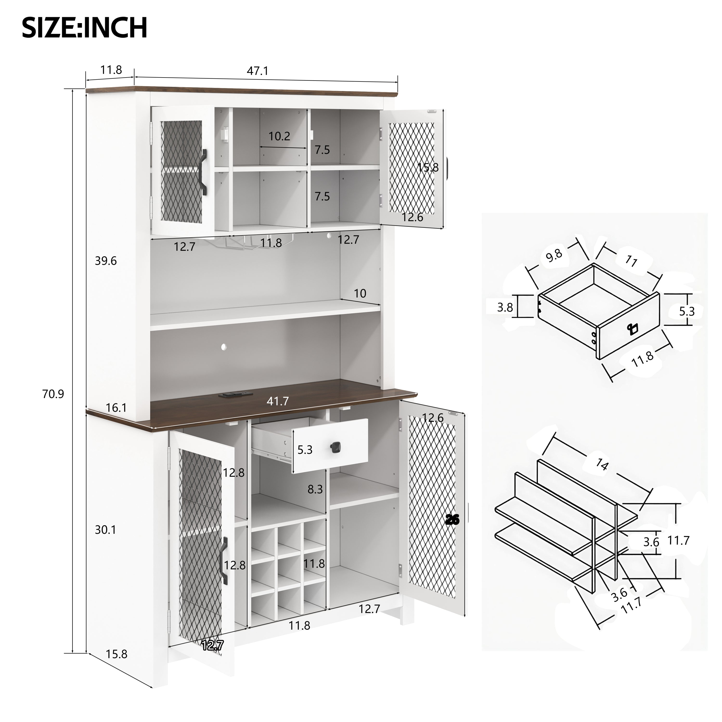 70.9' Kitchen Pantry Storage Cabinet Rustic Buffet Cabinet, Kitchen Hutch Cabinet with LED Outlets Food Pantry Cabinet with Doors and Shelves Wine Rack for Dining Room, White - Grand Goldman Shop