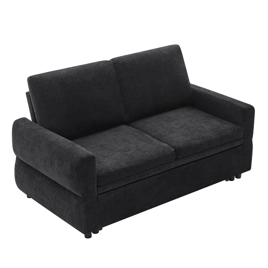 Black Convertible Sofa Bed Loveseat with Adjustable Backrest and USB Ports, 62.75' Chenille Upholstered Couch for Living Room or Small Space - Grand Goldman Shop