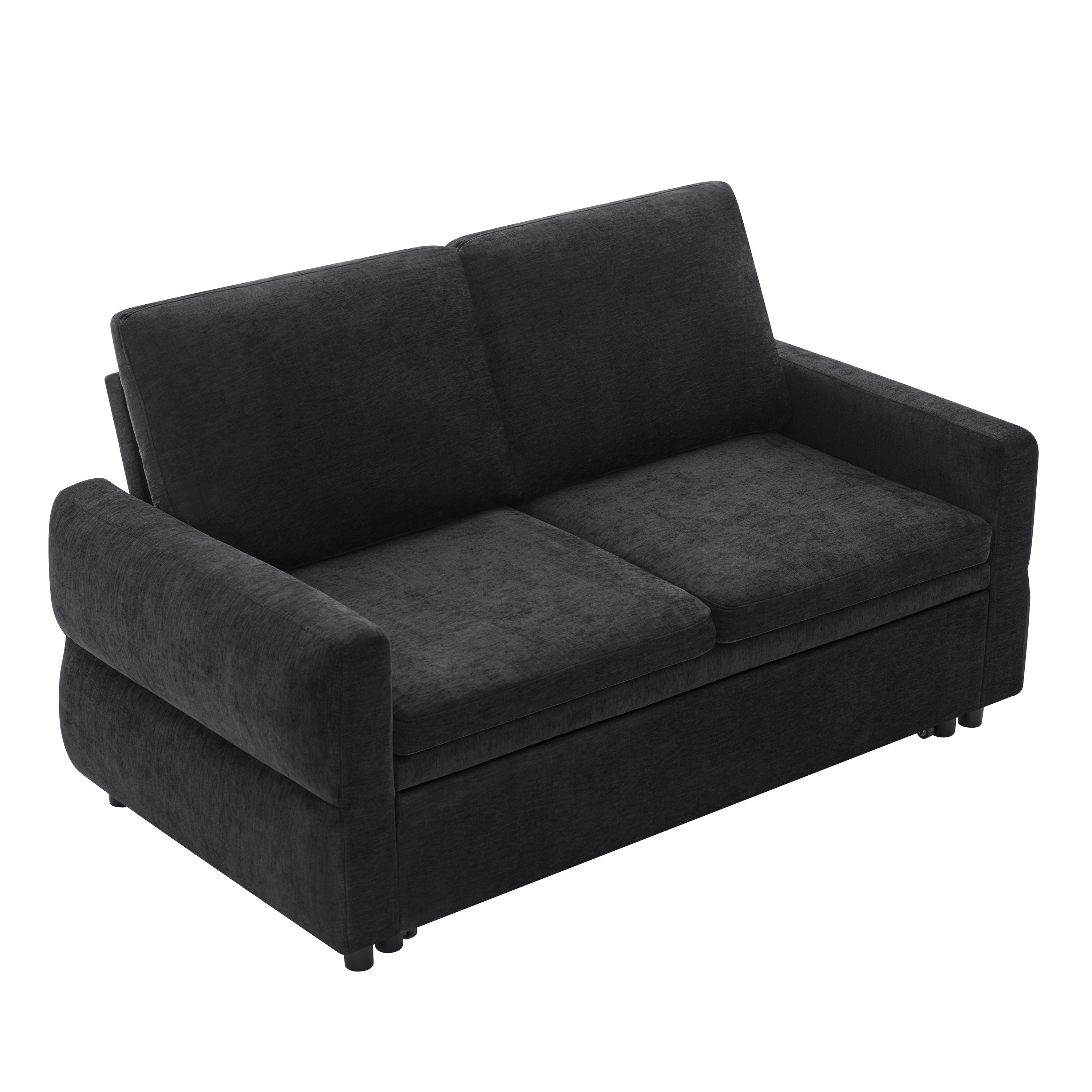 Black Convertible Sofa Bed Loveseat with Adjustable Backrest and USB Ports, 62.75' Chenille Upholstered Couch for Living Room or Small Space - Grand Goldman Shop