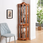 Curio Cabinet Lighted Glass Display Curio Cabinet w/Tempered Glass Doors and Shelves, Crown Corner Cabinet with Bulb, Corner Storage Decoration for Living room and Bedroom OAK - Grand Goldman Shop