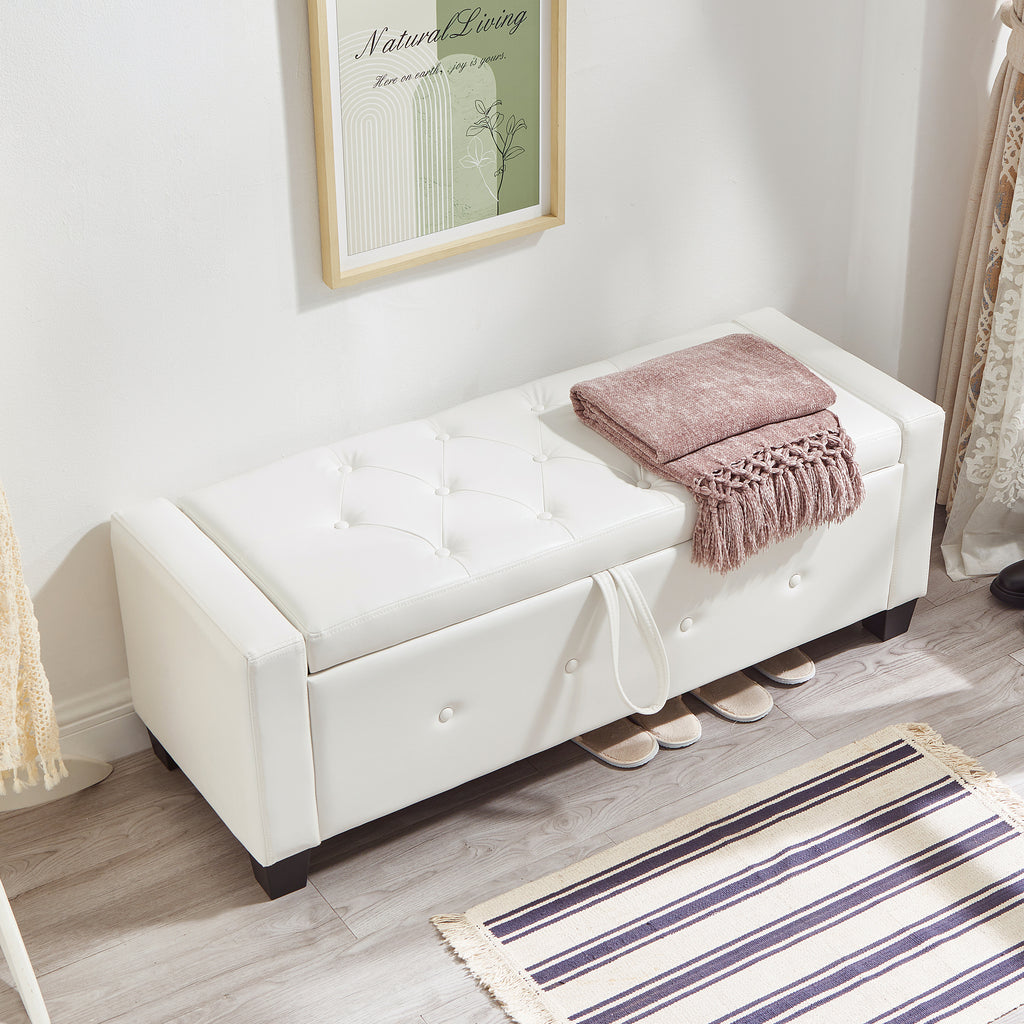 48' Ottoman Bench with Storage, Bench for Bedroom,Living Room,Hallway, Upholstered Tufted Faux Leather PU Ottoman Ivory White - Grand Goldman Shop