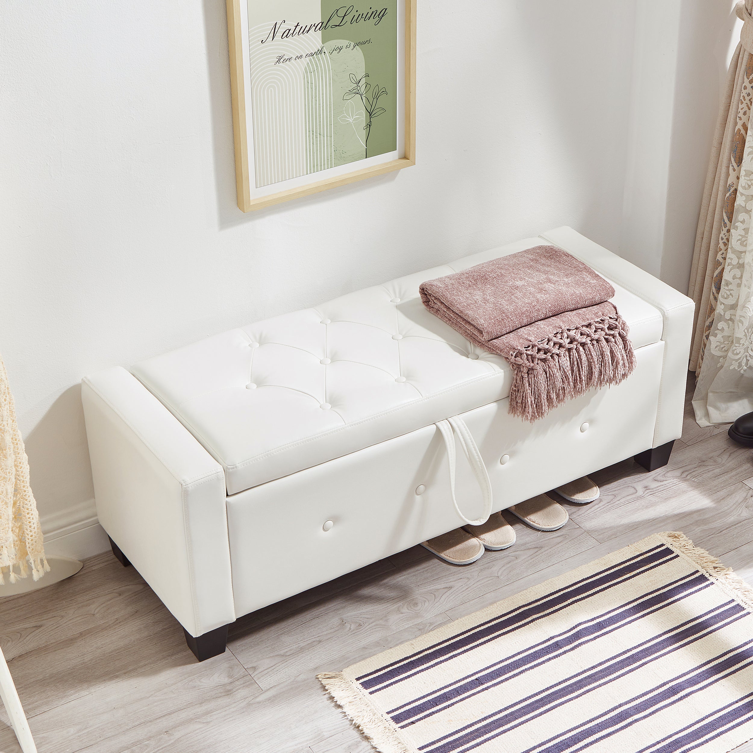 48' Ottoman Bench with Storage, Bench for Bedroom,Living Room,Hallway, Upholstered Tufted Faux Leather PU Ottoman Ivory White - Grand Goldman Shop