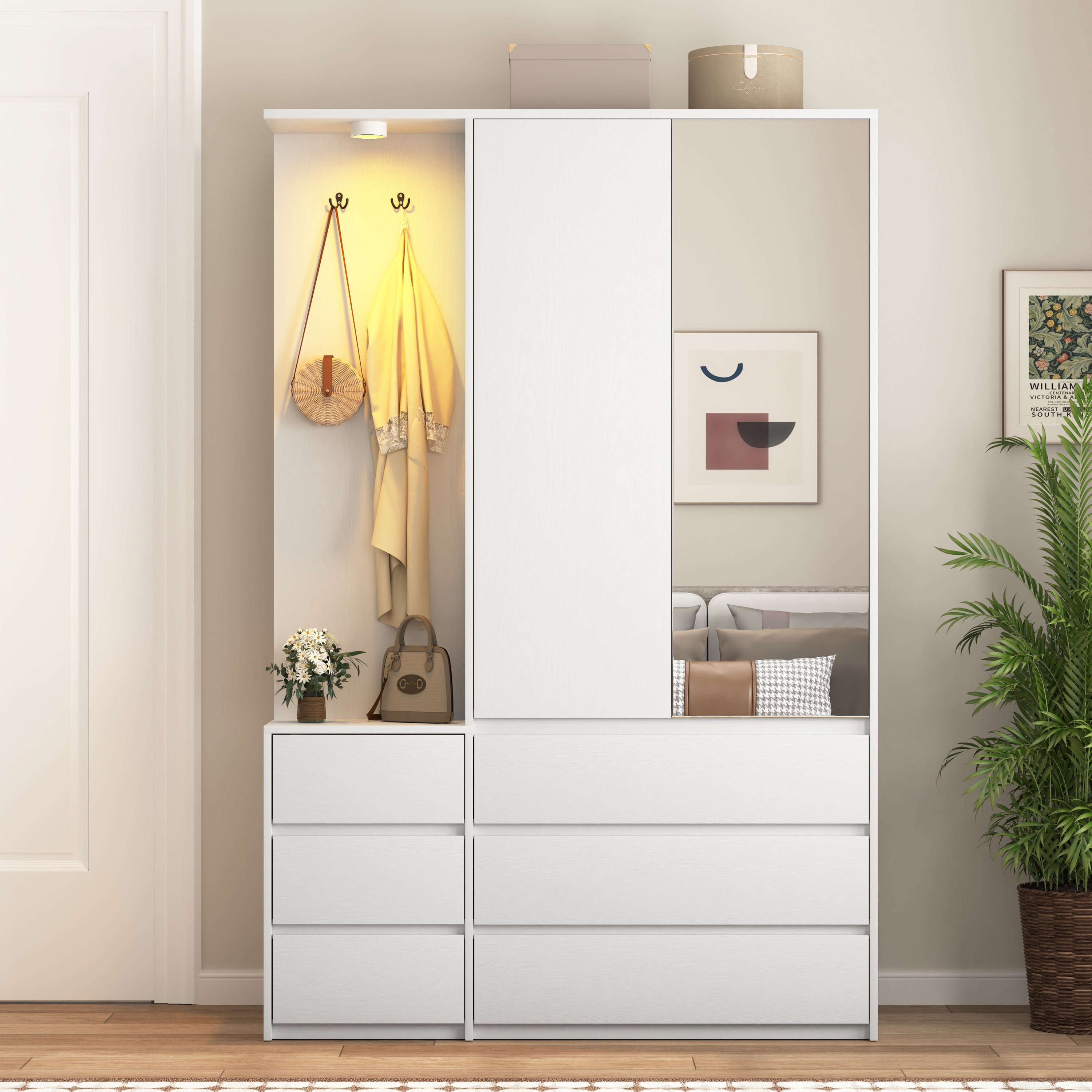 Wardrobe Closet 71.7' H, Bedroom Wooden Wardrobe with 2 Doors 6 Drawers, Modern Clothing Storage Cabinet Combination with Storage Shelves and Hanging Rail, White - Grand Goldman Shop