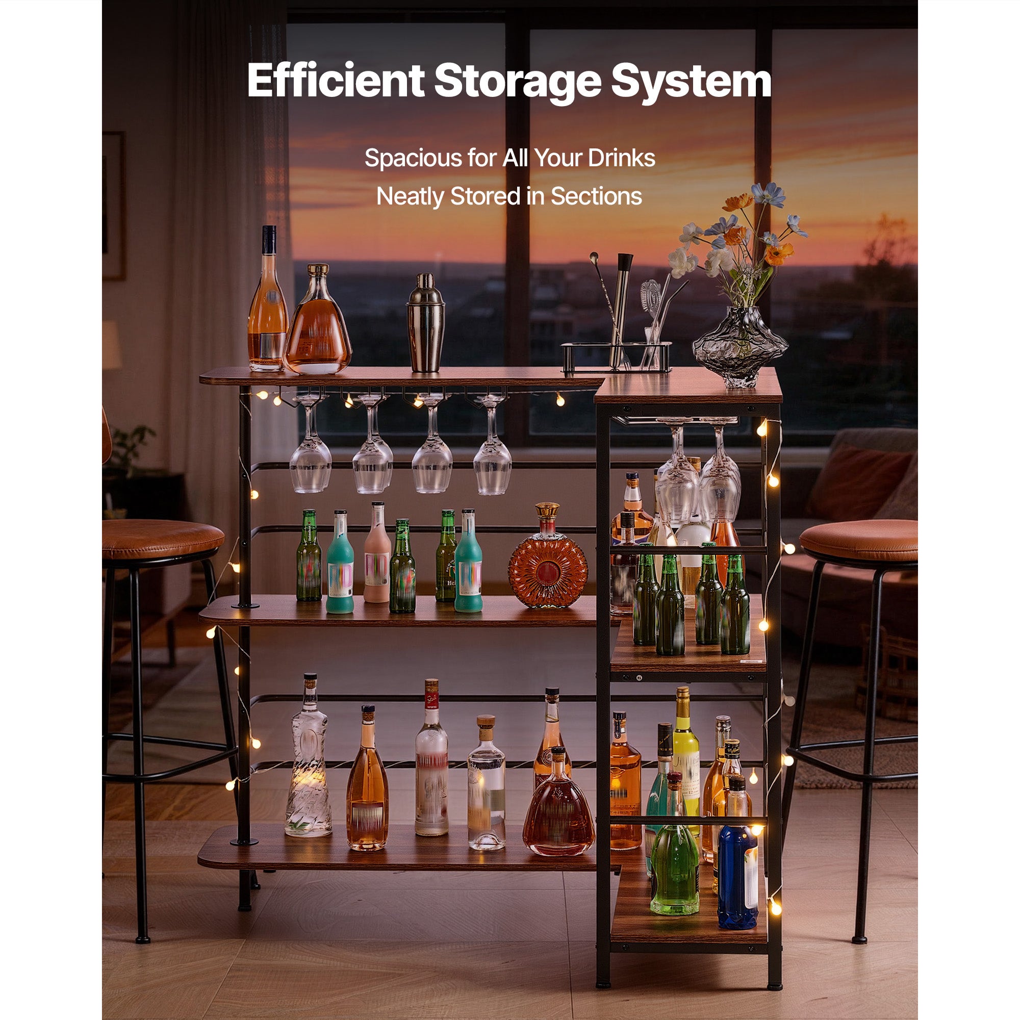 Home Bar Unit, L-Shaped Wine Bar Cabinet Table 3-Tier with Storage Shelves, Adjustable Foot Pads, LED Light, Walnut Finish & Metal Frame Liquor Cabinet for Home, Kitchen,Living Room,Pub,Basement - Grand Goldman Shop