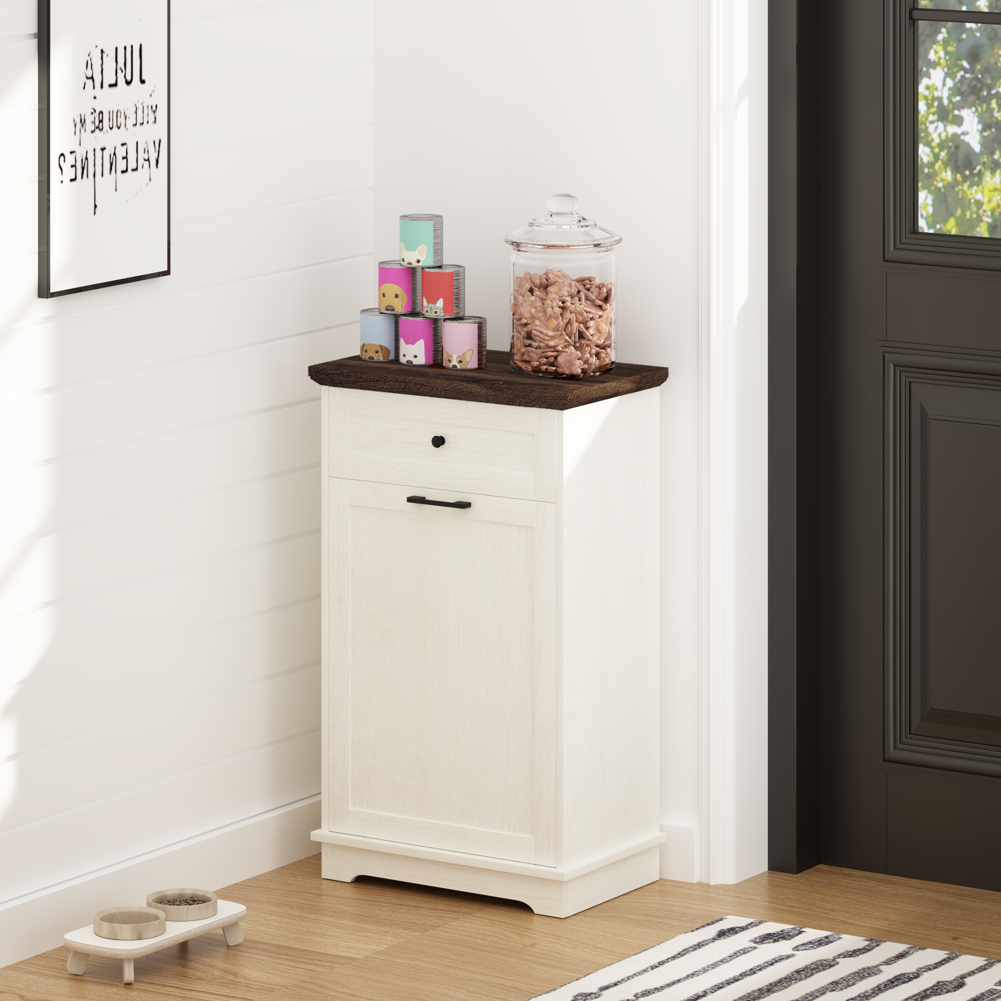 10 Gallon Tilt Out Trash Cabinet Freestanding Trash Bin Cabinet Wood Garbage Recycling Cabinet with Drawer Pet Proof Trash Can Holder for Kitchen Living Room, Antique White (Not include trash can) - Grand Goldman Shop