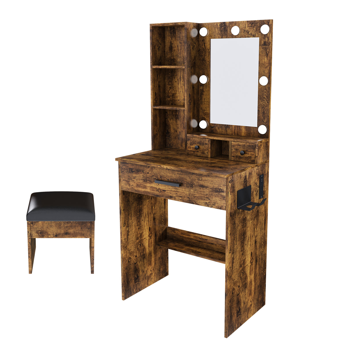 Vintage Vanity Table with Mirror, Adjustable LED Lights, Power Outlet, Hairdryer Holder & Stool – Compact Dressing Desk for Small Bedrooms - Grand Goldman Shop
