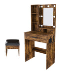 Vintage Vanity Table with Mirror, Adjustable LED Lights, Power Outlet, Hairdryer Holder & Stool – Compact Dressing Desk for Small Bedrooms - Grand Goldman Shop