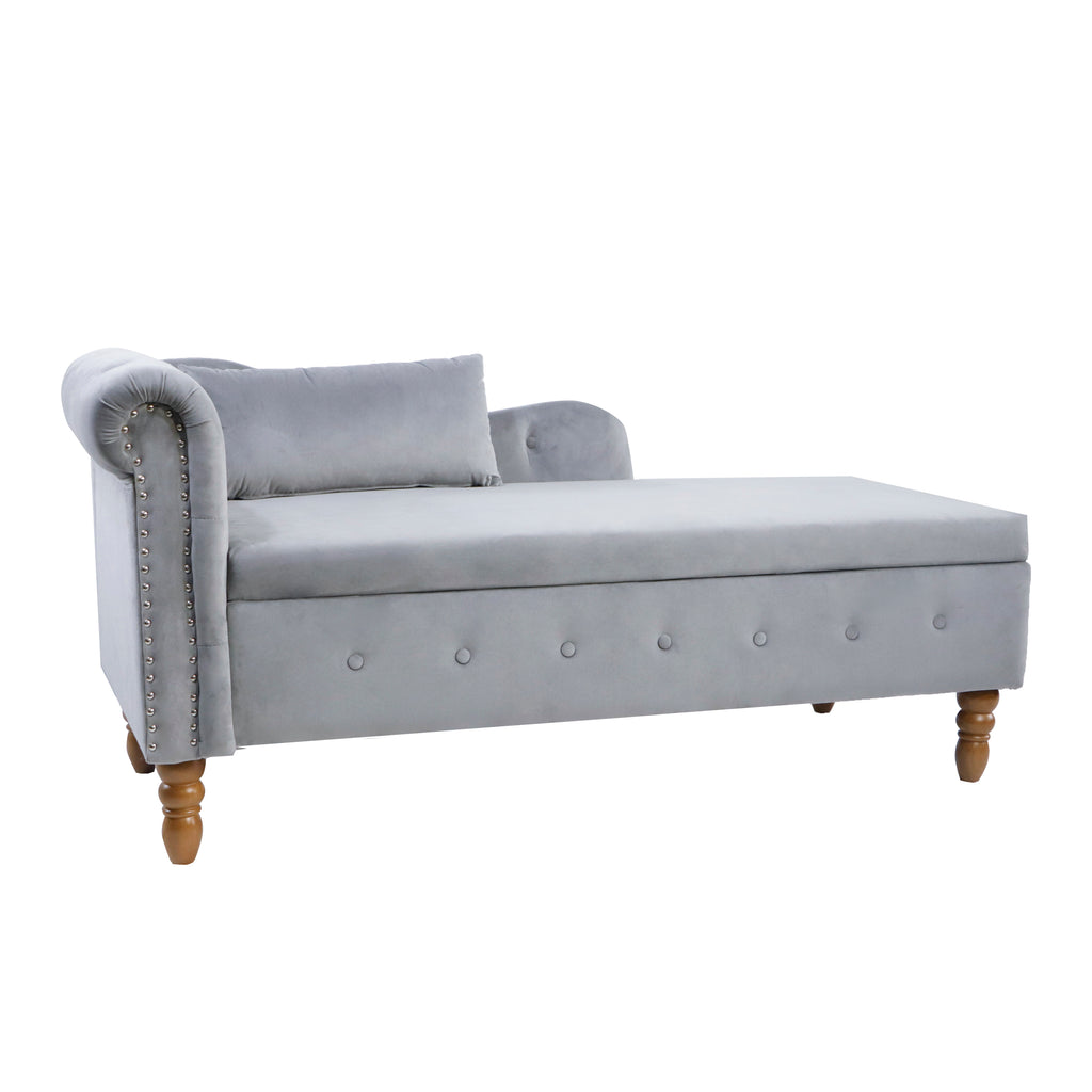 Grey Chaise Lounge Indoor, Velvet Lounge Chair for Bedroom with Storage & Pillow, Modern Upholstered Rolled Arm Chase Lounge for Sleeping with Nailhead Trim for Living Room Bedroom Office - Grand Goldman Shop