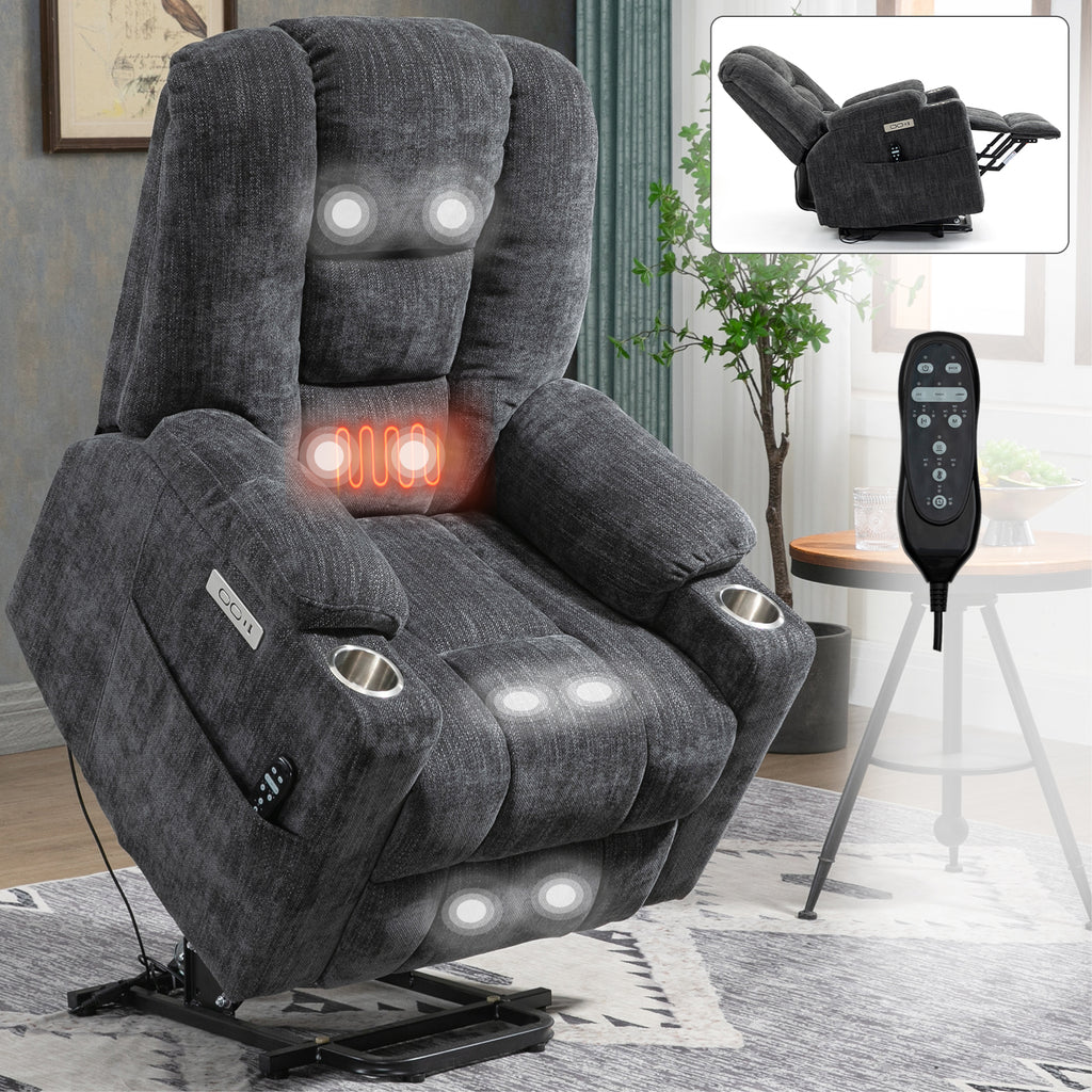 EMON'S Large Power Lift Recliner Chair with Massage and Heat for Elderly, Overstuffed Wide Recliners, Heavy Duty Motion Mechanism with USB and Type C Ports, 2 Steel Cup Holders, Gray - Grand Goldman Shop