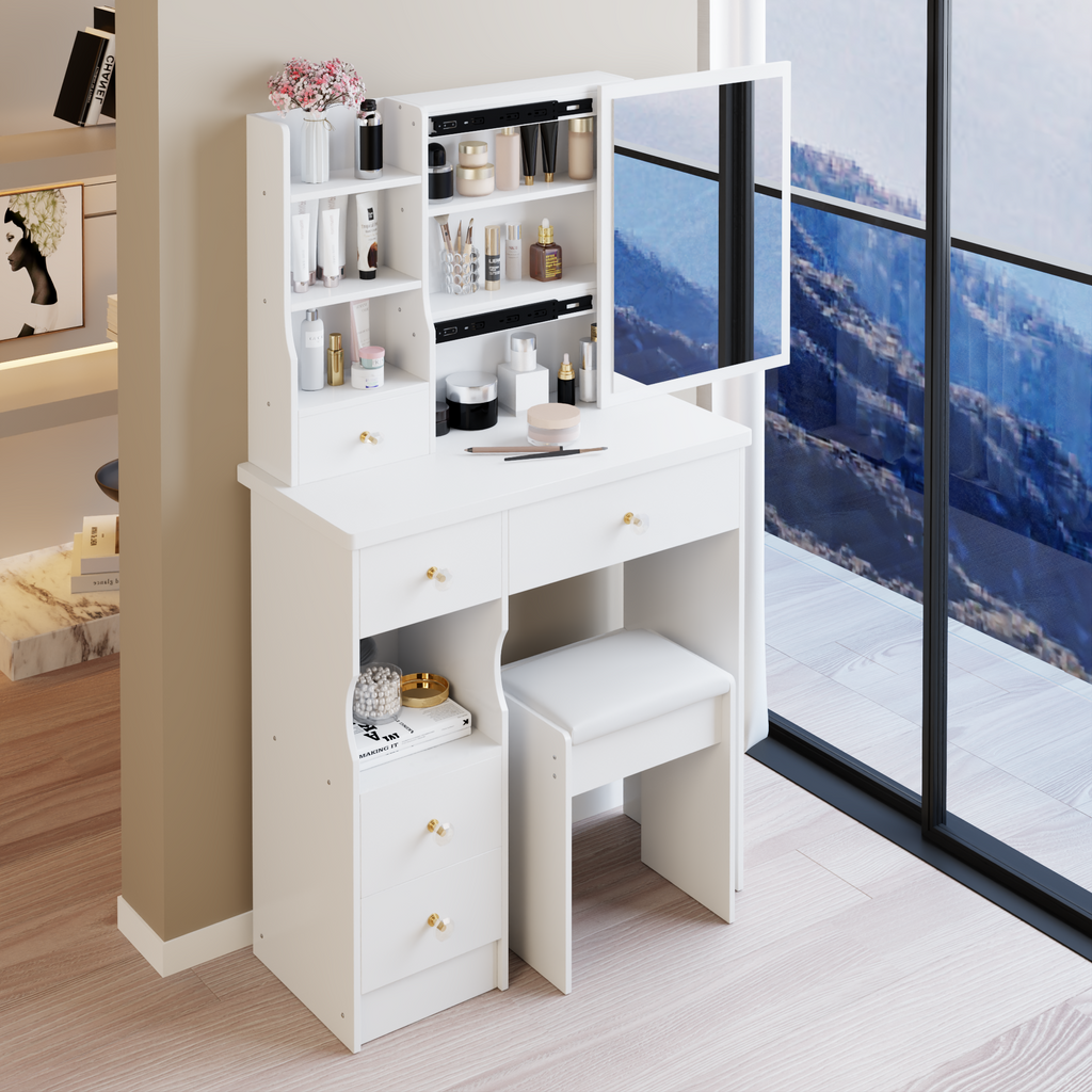 29.2' Small Size Left Drawer Desktop Vanity Table + Cushioned Stool, Extra Large Right sliding mirror, Multi Layer High Capacity Storage, Practical Fashionable Dresser, Suitable For Small Space - Grand Goldman Shop