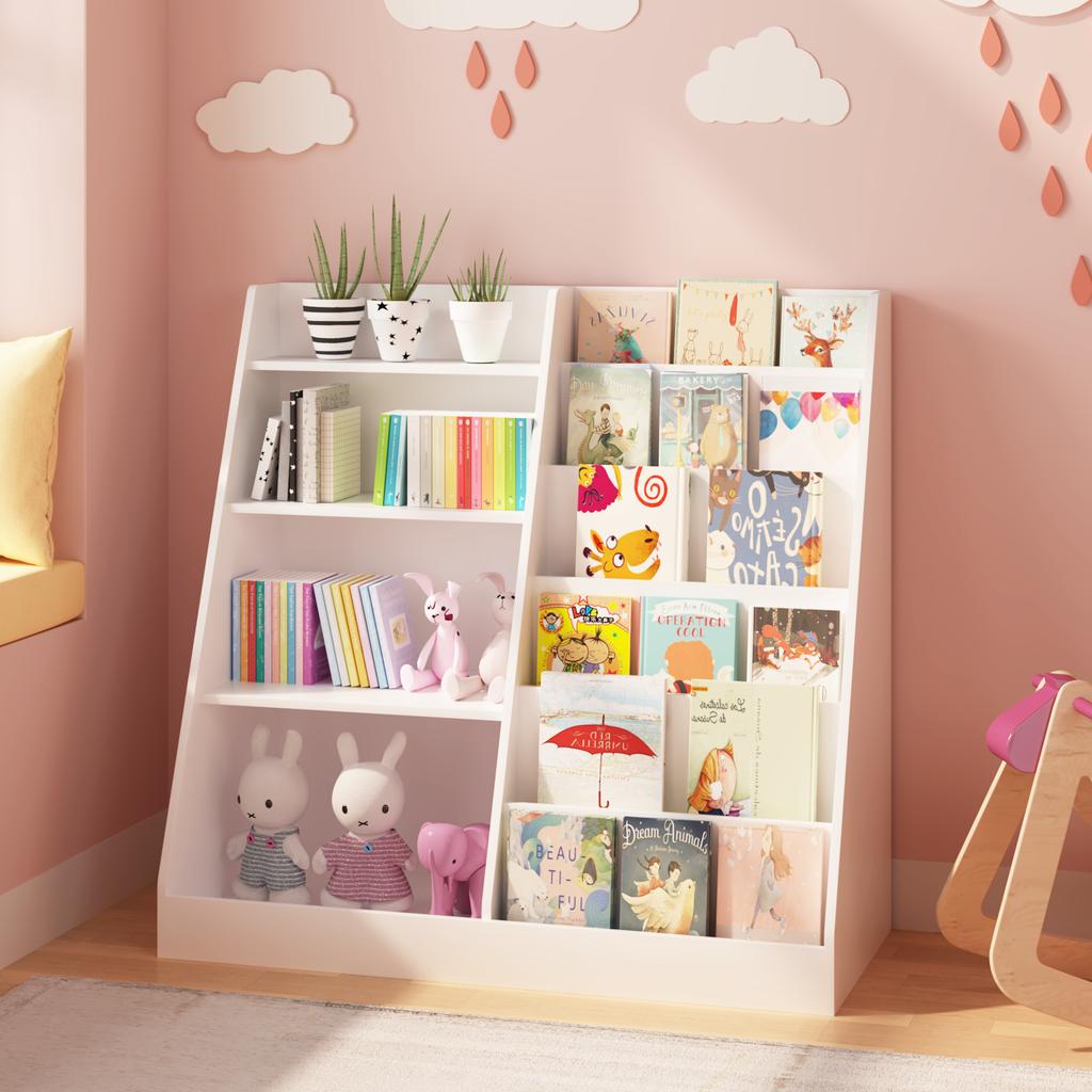 New Kids Bookshelf and Toy Storage Organizer, Multifunctional 4 Tier Wooden Kids Book Shelf with  Bookcase Display Stand in K