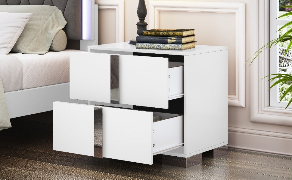 Elegant Nightstand with Metal Foot, Mirrored Bedside Table with 2 Drawers for Bedroom, Living Room, White (Old SKU: WF319353AAK) - Grand Goldman Shop