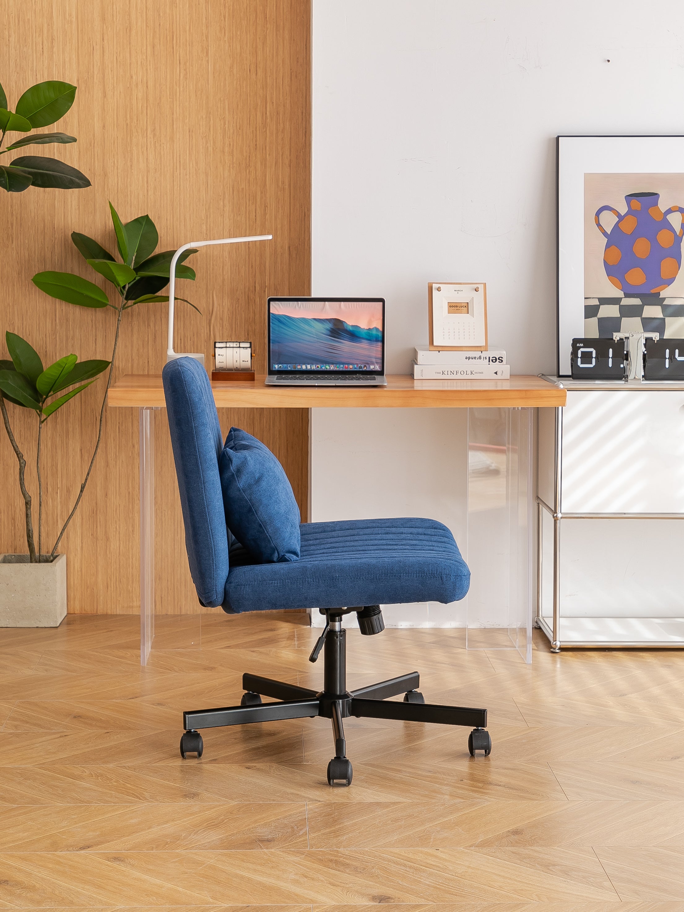 Modern Linen Blue Criss Cross Office Chair with Adjustable Height, Ergonomic Design, and Breathable Fabric in Blue Linen Mate