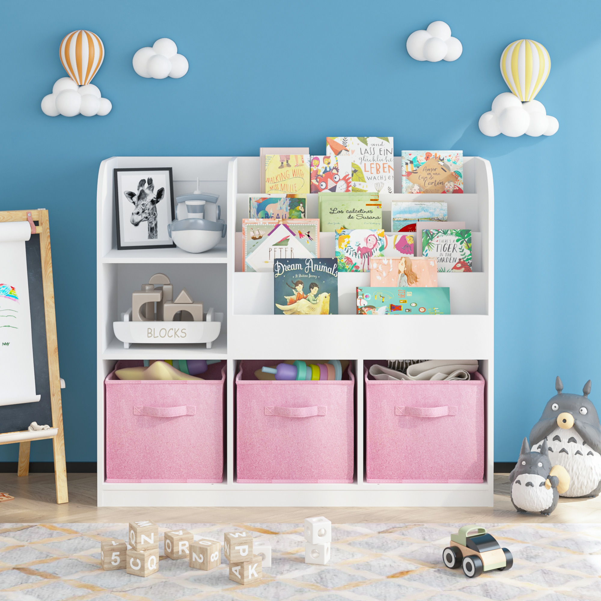 Kids Bookcase and Bookshelf with 3 Collapsible Fabric Drawers, Multifunctional White/Pink Display Stand for Bedroom, Playroom