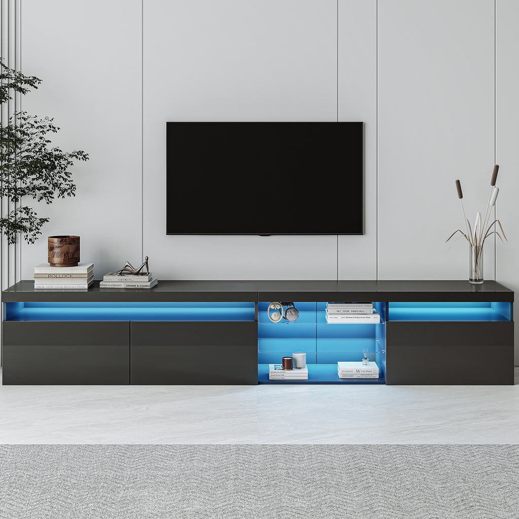 Unique Design TV Stand with 2 Glass Shelves, Ample Storage Space Media Console for TVs Up to 105', Versatile TV Cabinet with LED Color Changing Lights for Living Room, Black (OLD SKU: WF314584AAB) - Grand Goldman Shop