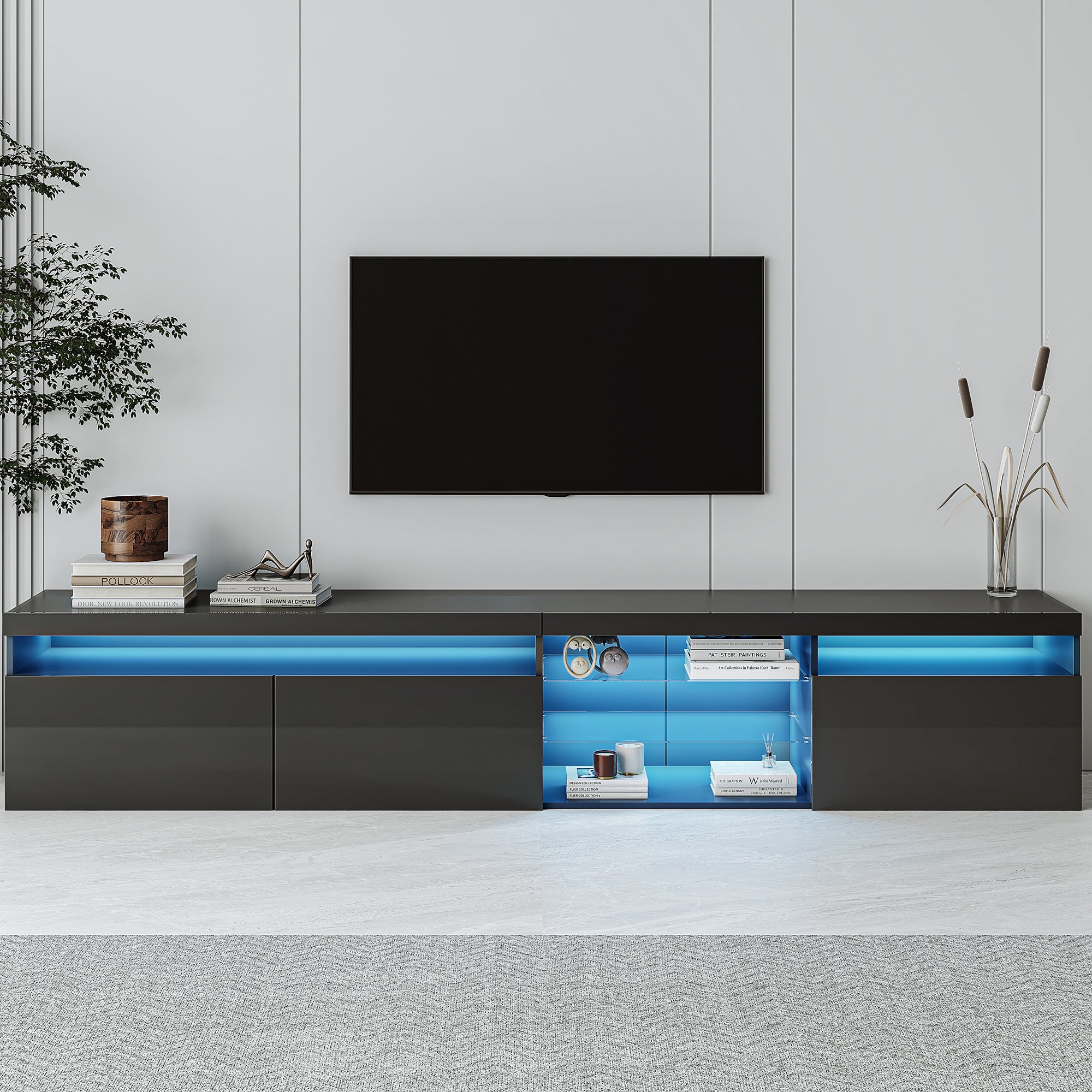Unique Design TV Stand with 2 Glass Shelves, Ample Storage Space Media Console for TVs Up to 105', Versatile TV Cabinet with LED Color Changing Lights for Living Room, Black (OLD SKU: WF314584AAB) - Grand Goldman Shop
