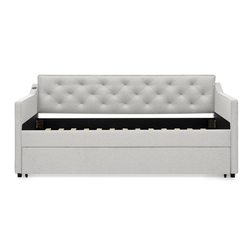 Beige Linen Upholstered Twin Daybed with Pop-up Trundle and USB Charging Armrest - Grand Goldman Shop