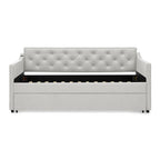 Beige Linen Upholstered Twin Daybed with Pop-up Trundle and USB Charging Armrest - Grand Goldman Shop