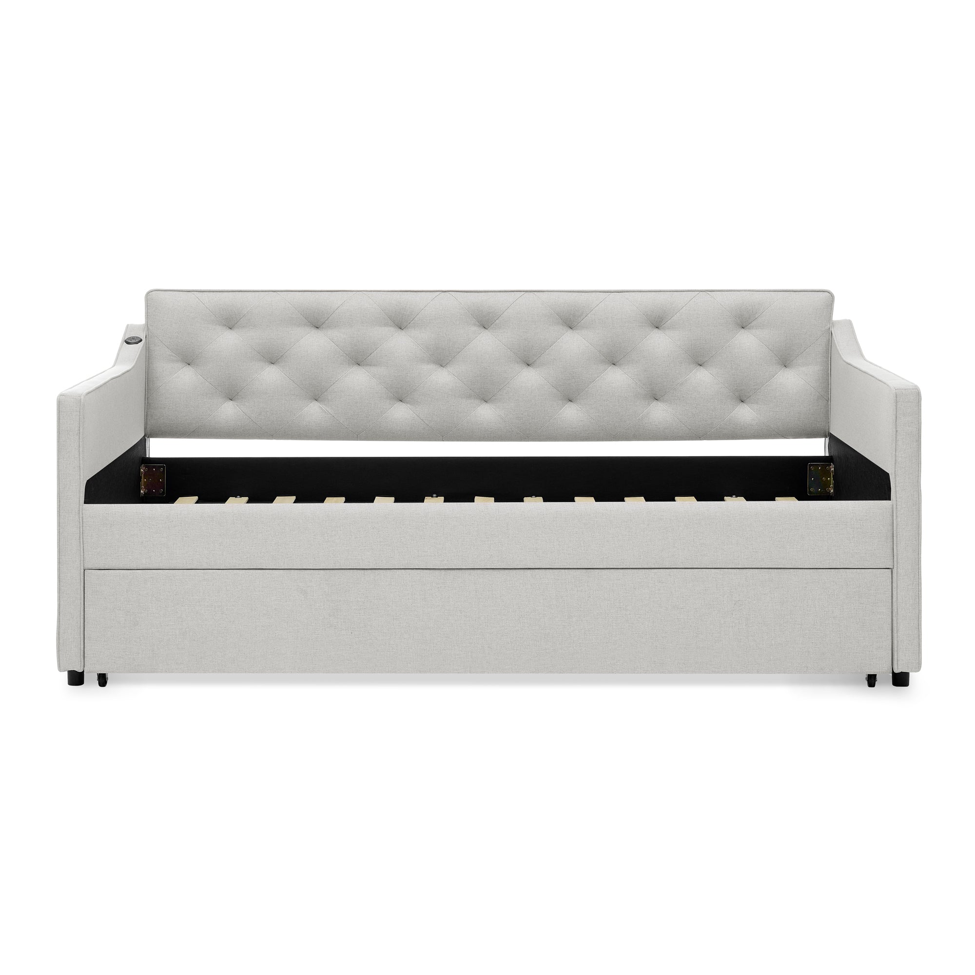 Beige Linen Upholstered Twin Daybed with Pop-up Trundle and USB Charging Armrest - Grand Goldman Shop